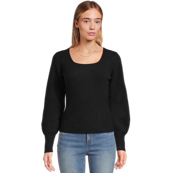 Madewell Soft Wool-Blend Square-Neck Pullover Sweater 2XS Black Blouson Sleeve - Picture 1 of 8